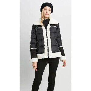 Tahari Black Puffer Jacket with White Faux-Shearling Trim